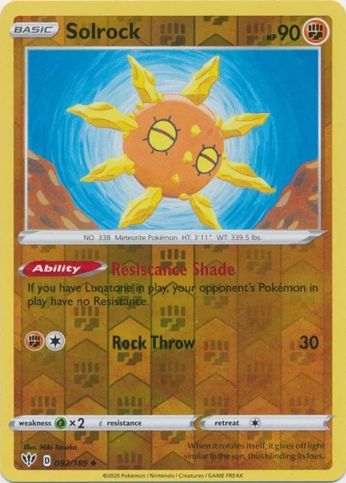 Solrock Reverse Holo Darkness Ablaze 092